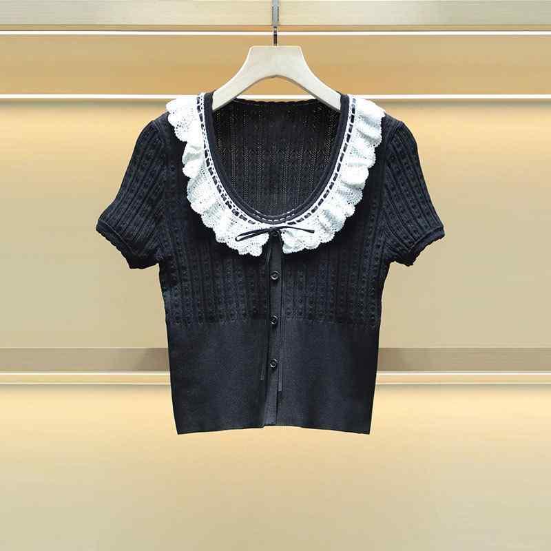 ニット レディース Uネック 半袖 プルオーバー 薄手 ショート丈 トップス ブラック 無地 娃娃领 蝶結び付き カジュアル かわいい ガーリー フェミニン 日韓風