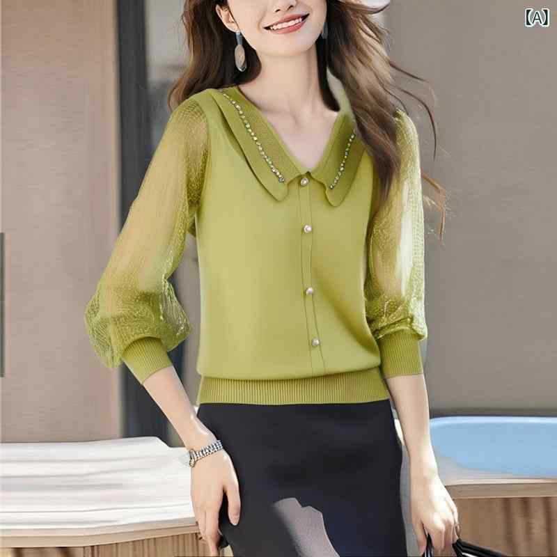 ニット レディース Vネック レース ニットソー トップス 長袖 プルオーバー ゆったり 襟付き 無地 春夏 ポリエステル 接触冷感 きれいめ かわいい エレガント 通勤 オフィス 普段使い 韓国風