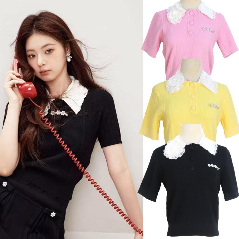 ニット レディース 春夏 半袖 襟付き パフスリーブ ドリル 薄手 ショート丈 ピンク系 イエロー ブラッ..