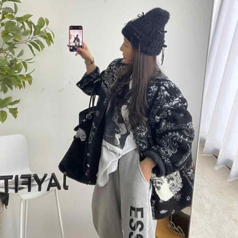 コート レディース 韓国風 腰果柄 カシューナッツ柄 ボアジャケット 中綿入り Vネック 厚手 防寒 暖か..