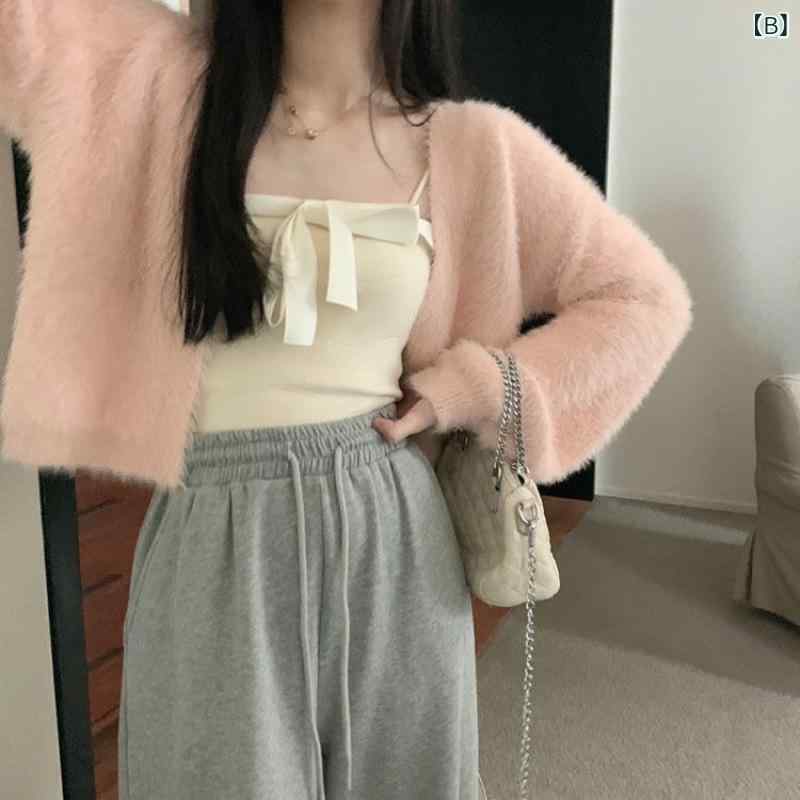 カーディガン レディース 韓国風 ニット ふわふわ 長袖 トップス アウター 白 ピンク系 黒 ポリエステ..