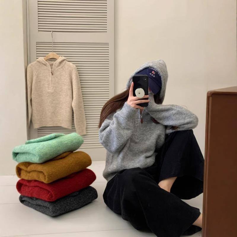 ニット レディース 秋冬 レトロ フード付き ハーフジップ ウール混紡 パイル地 プルオーバー ゆったり..