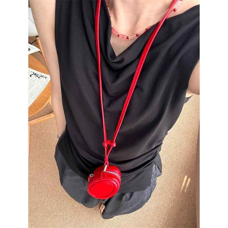 財布 レディース ミニ かわいい 韓国風 ファッション ネックストラップ付き 斜めがけ バッグ コインケース キーケース カードケース PUレザー レッド(4)