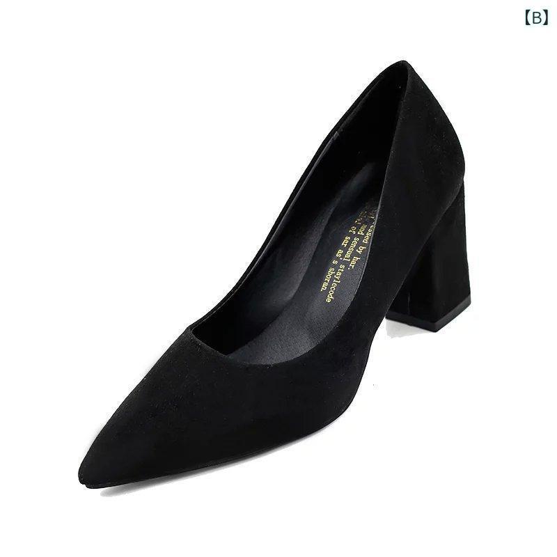 高跟パンプス レディース チャンキーヒール ポインテッドトゥ スエード 無地 春夏 秋冬 赤 黒 ピンク グレー