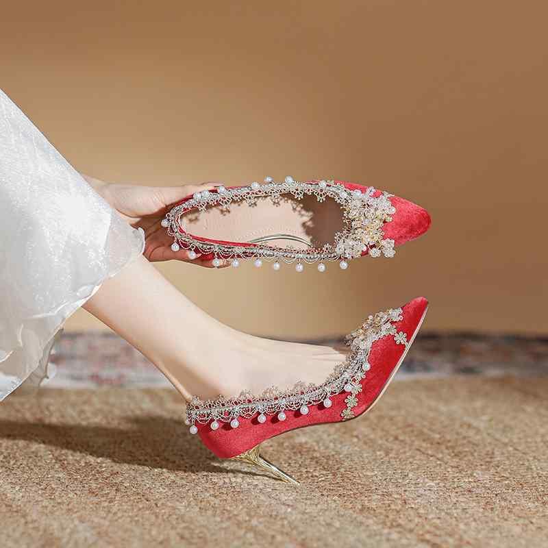 ウェディングシューズ レディース ハイヒール ポインテッドトゥ パール レッド 春秋 結婚式 花嫁 コスプレ パーティー(4)