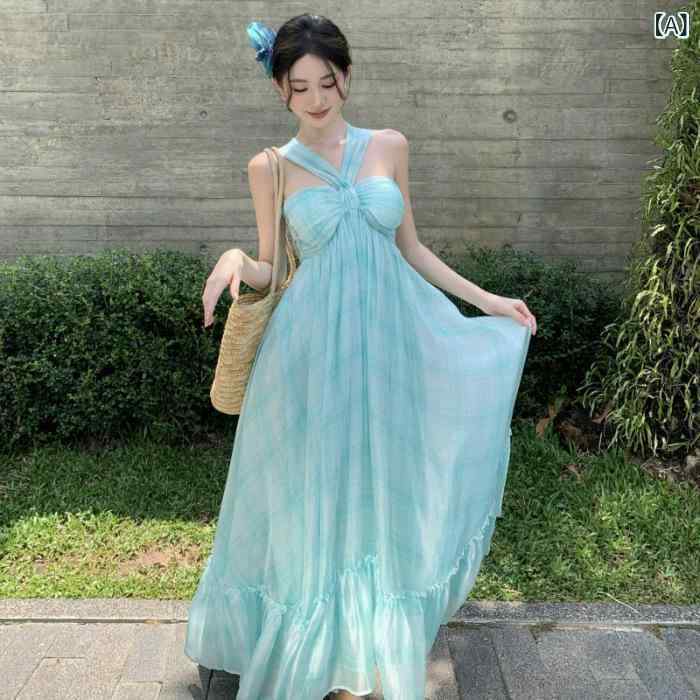 ワンピース レディース 薄手 ノースリーブ Aライン 高見え ミントグリーン ホルターネック ロングワンピース 2025春夏 普段使い リゾート(4)