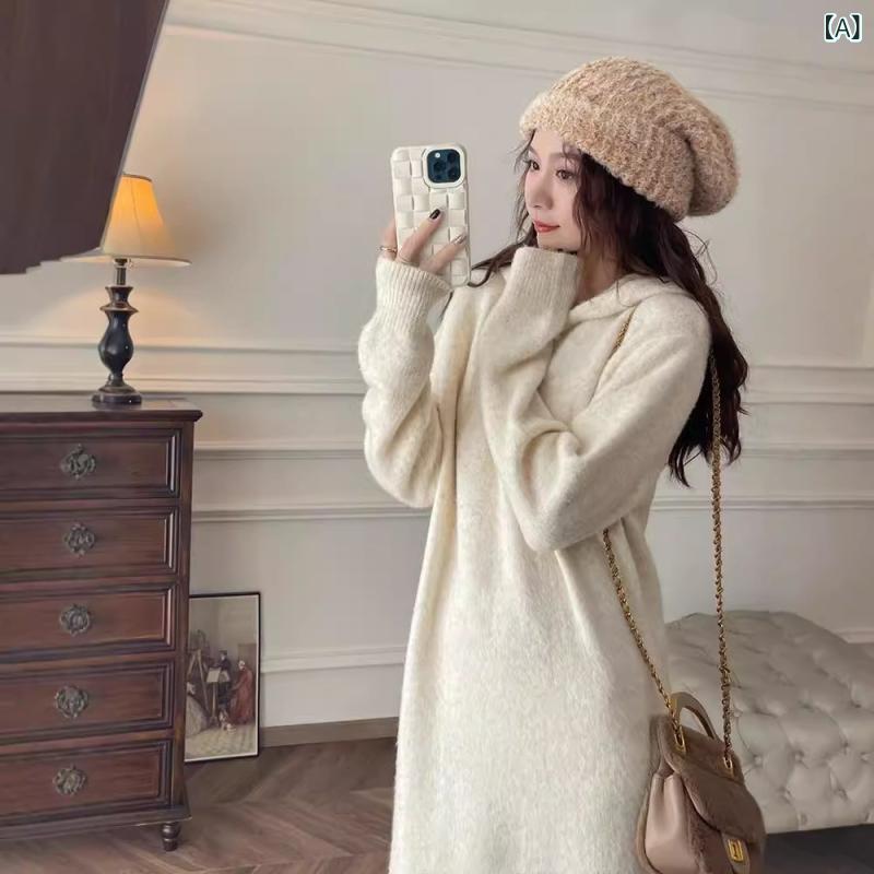 ニットワンピース レディース 秋冬 長袖 ロング丈 ゆったり フード付き Aライン 無地 韓国風 カジュアル 普段使い 部屋着 白 グレー 黒 ポリエステル