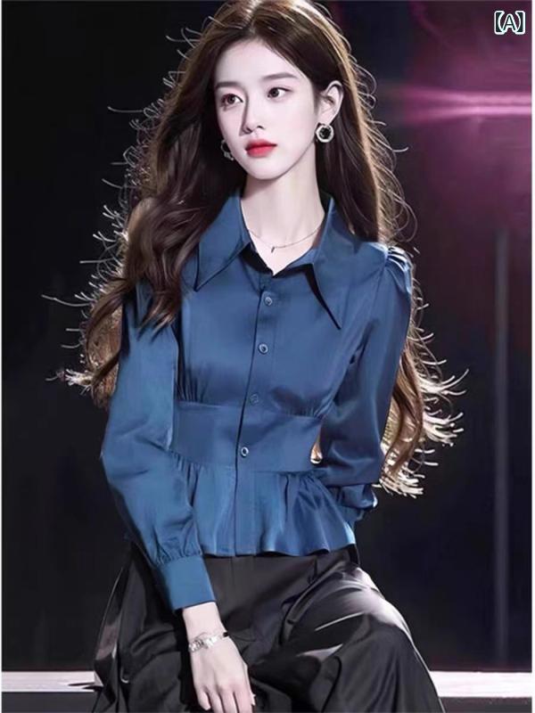 シャツ レディース 長袖 ブラウス ブルー ポロ襟 トップス 春秋 プリンセス袖 ギャザー ポリエステル ..