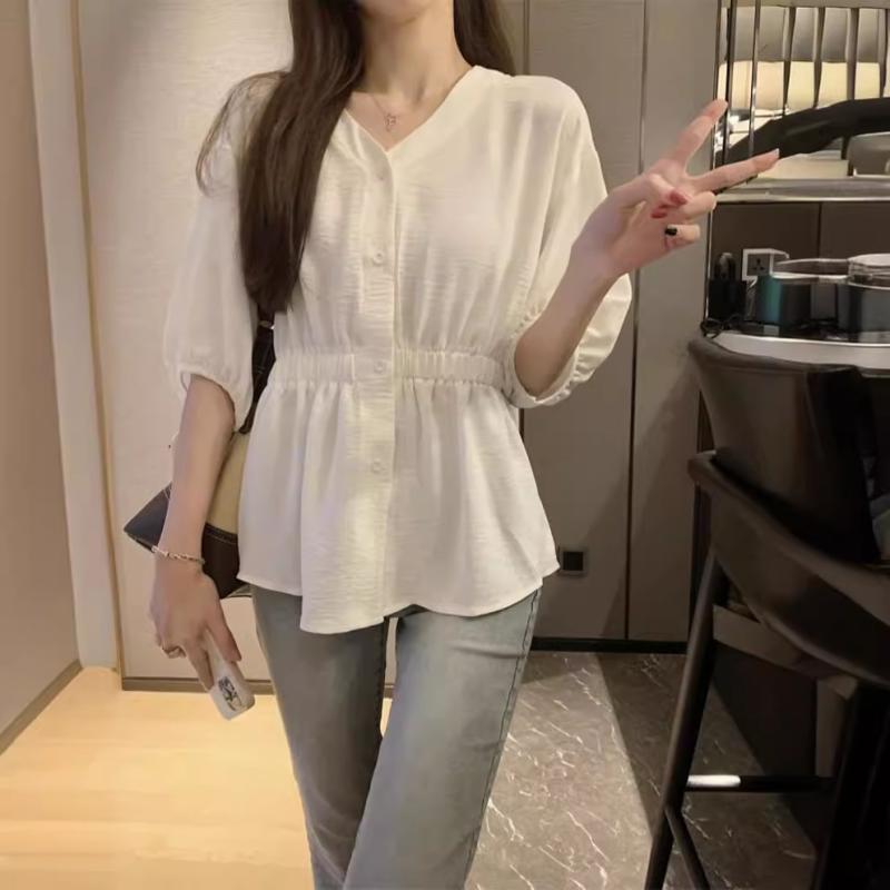 シャツ レディース 大きいサイズ Vネック トップス 半袖 ブラウス チュニック ゆったり 綿混紡 薄手 オフィス カジュアル 白 黒 春夏