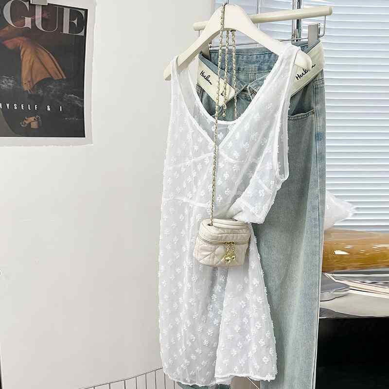 ワンピース レディース 春秋 Vネック ノースリーブ 花柄 レース チュール ミディアム丈 Aライン ポリエステル 韓国風 フェミニン かわいい オフホワイト