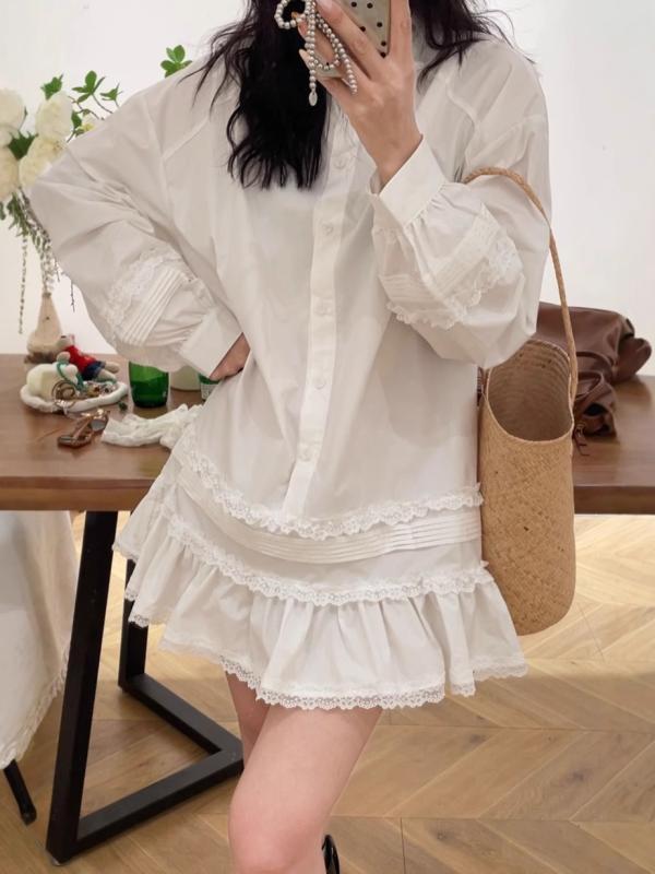 ワンピース レディース 花柄 レース シャツワンピース 膝丈 ミディアム丈 長袖 春コーデ 韓国ファッション 通勤 普段使い きれいめ(4)