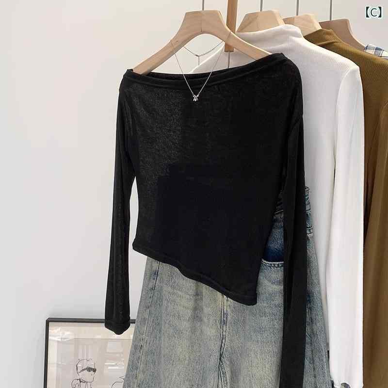 Garments - Tシャツ レディース 春 一字肩 長袖 ポリエステル トップス オフショルダー ゆったり 無地 薄手 白色 灰色 ブラック M L XL XXL