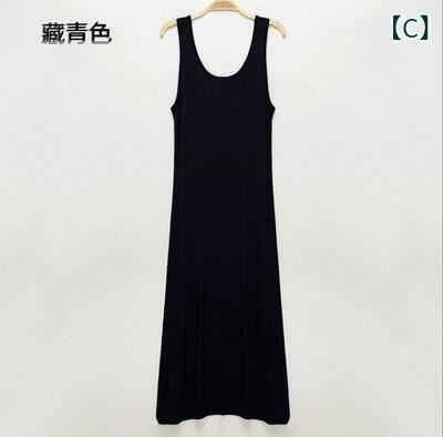 ワンピース レディース 韓国風 モダール ノースリーブ ロングワンピース Uネック 無地 マカロンカラー ゆったり ビーチ ウェア 膝下丈 ミモレ丈 Aライン ワインレッド グレー ネイビー ブラック(4)