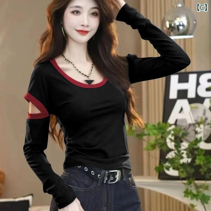 Tシャツ レディース トップス 春秋 長袖 ポリエステル 切り替え 配色 スリムフィット ショート丈 クルーネック カットソー グレー 紺 ブラック コーヒー色