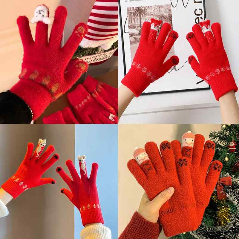 手袋 レディース 秋冬 暖かい ニット グローブ かわいい スマートフォン対応 防寒 猫柄 トナカイ 雪だるま ウサギ クマ クリスマス 森ガール(4)