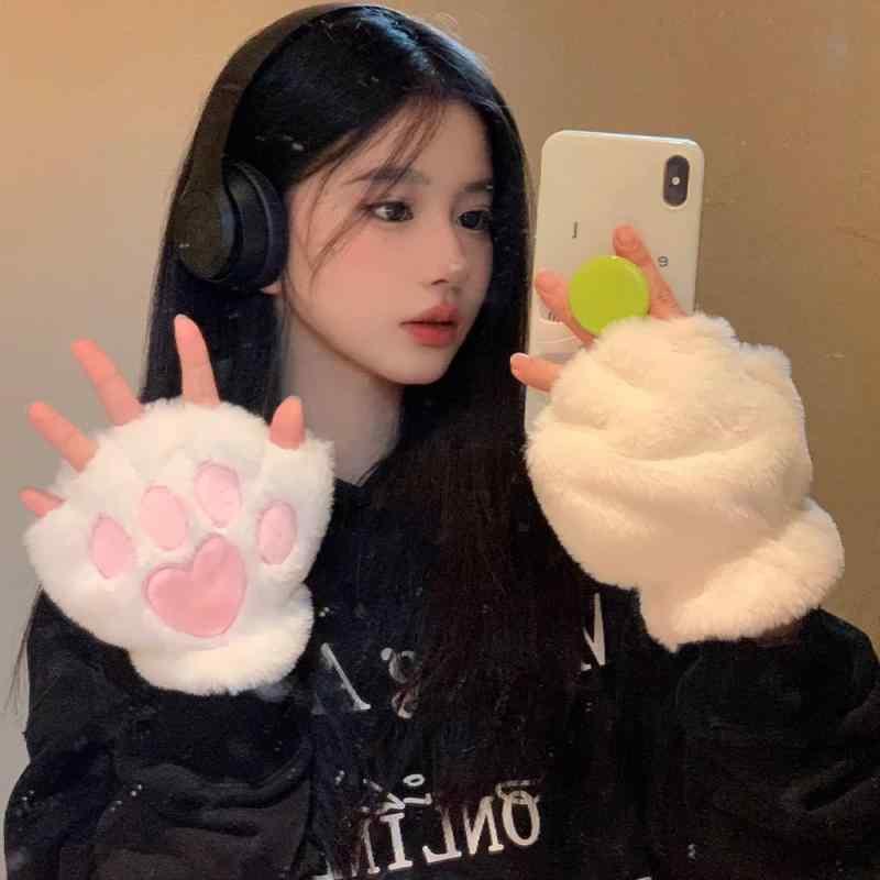 手袋 レディース 秋冬 猫爪 肉球 グローブ かわいい スマートフォン対応 防寒 保温 ミトン 手ぶくろ 白/ベージュ/黒/ピンク