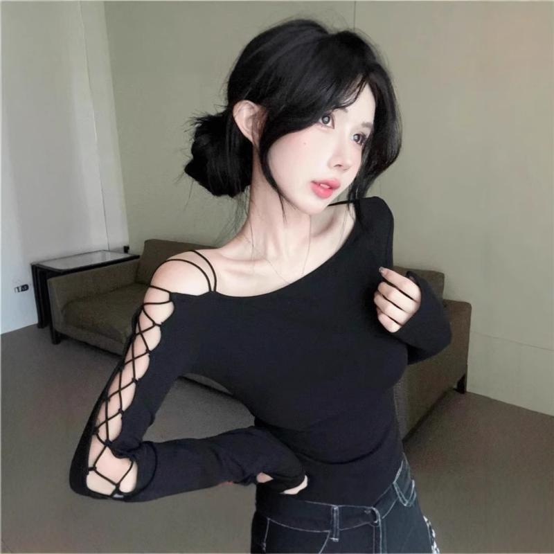 Tシャツ レディース 秋冬 アメリカンスタイル 肩出し 長袖 モダール 修身 スリム ブラック 黒色 トップ..