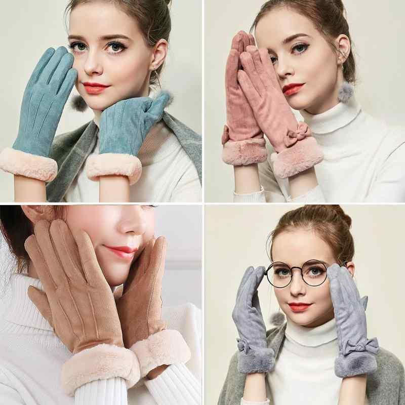 手袋 レディース スエード グローブ 秋冬 防寒 暖かい スマートフォン対応 三本線 裏起毛 かわいい カートゥーン ベージュ グレー ブラック レッド