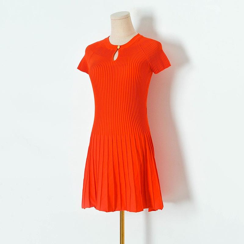 ワンピース レディース Aライン 半袖 ひざ丈 膝丈 接触冷感 ニット 無地 ラウンドネック 夏 オレンジ系 ホワイト ブラック