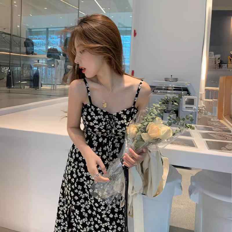 ワンピース レディース 春夏 Aライン ノースリーブ 高腰 膝丈 碎花柄 ポリエステル ブラック フェミニン 通勤