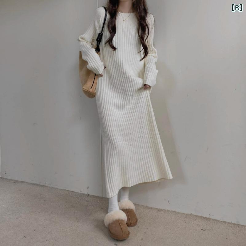 ワンピース レディース 大きいサイズ ゆったり ミモレ丈 無地 長袖 チュニック 秋冬 黒 ブラック ベージュ系