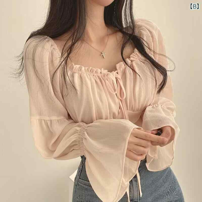 シャツ レディース 早春 フレンチスタイル 木耳フリル 襟 スクエアネック ウエストシェイプ フレア袖 ..