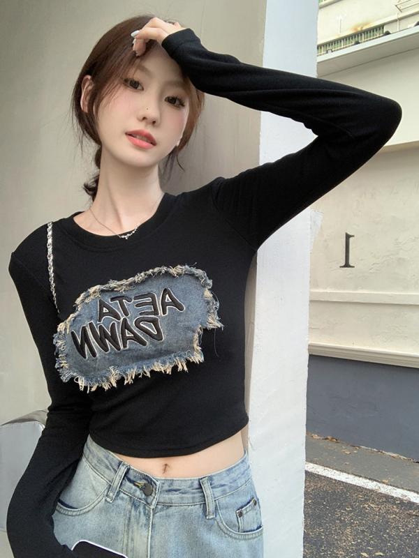 Tシャツ レディース レトロ デニム 切り替え デザイン 長袖 秋冬 ショート丈 スリムフィット トップス 普段使い 通勤着 ポリエステル 咖色 黒(4)
