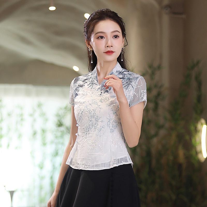 チャイナドレス レディース 唐装 トップス ポリエステル 竹柄 半袖 民族風 レトロ 白 S M L XL XXL