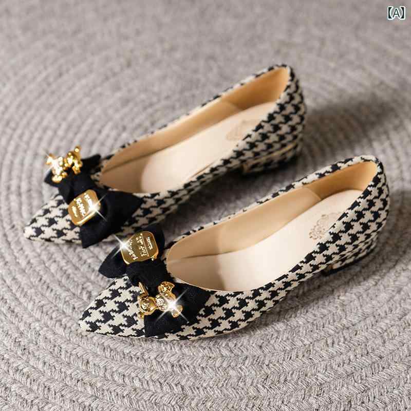 パンプス レディース フラット 千鳥格子 ポインテッドトゥ ローヒール ぺたんこ 履きやすい 痛くない 歩きやすい PUレザー 合皮 黒 ブラック 緑 グリーン 春夏 秋冬