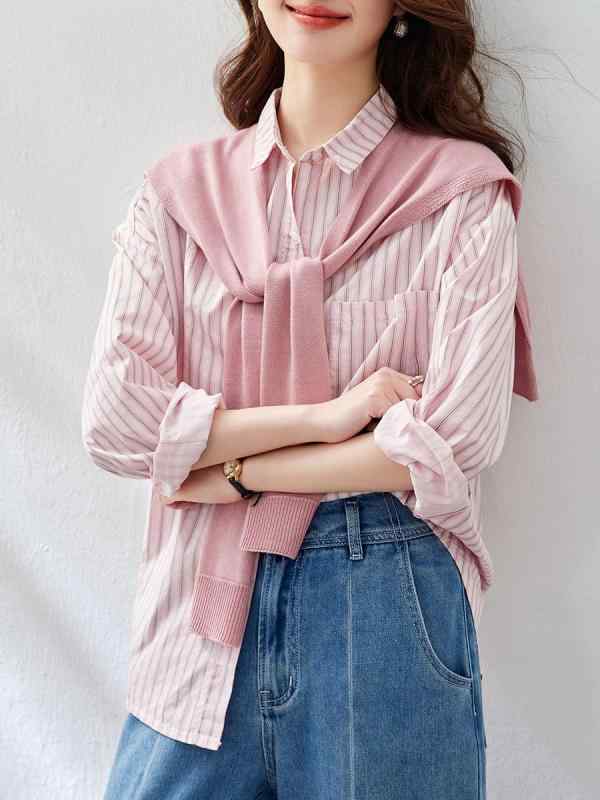 シャツ レディース 長袖 ストライプ柄 トップス ピンク系 ブルー系 コットン 襟付き チュニック丈 ゆったりサイズ M L XL XXL