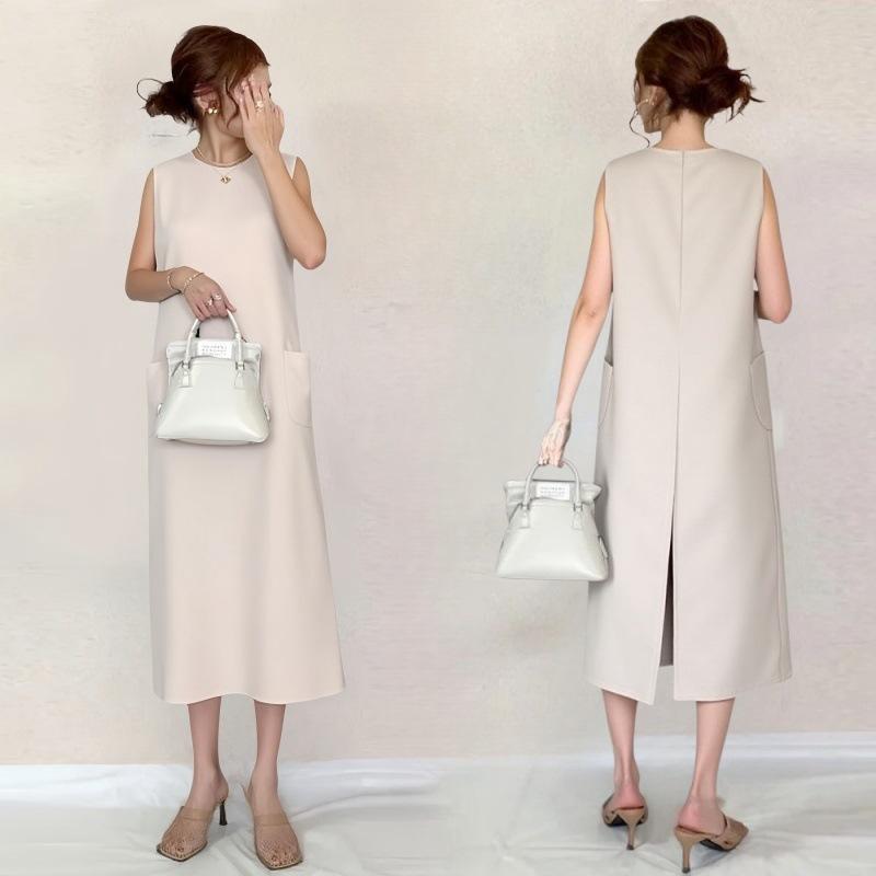 ワンピース レディース ノースリーブ 麻 無地 ラウンドネック Aライン 膝丈 ブラック系 ベージュ系 カジュアル ストリート