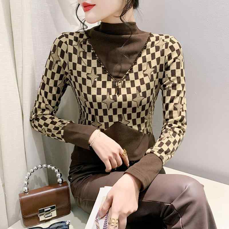 Tシャツ レディース 秋冬 ハーフハイネック 長袖 トップス プリント 切り替え スリム Tシャツ カットソー