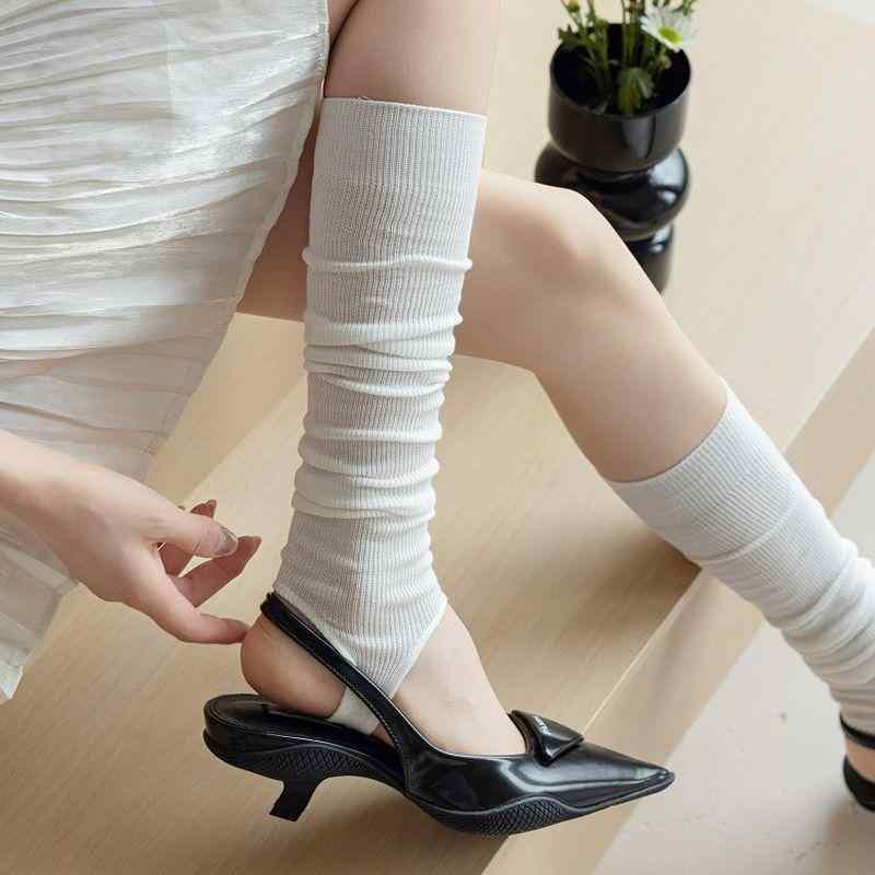 レッグウォーマー レディース ニーハイソックス 薄手 コットン混紡 通気性 無地 シンプル スタイル 春夏秋 黒 白 グレー ピンク系