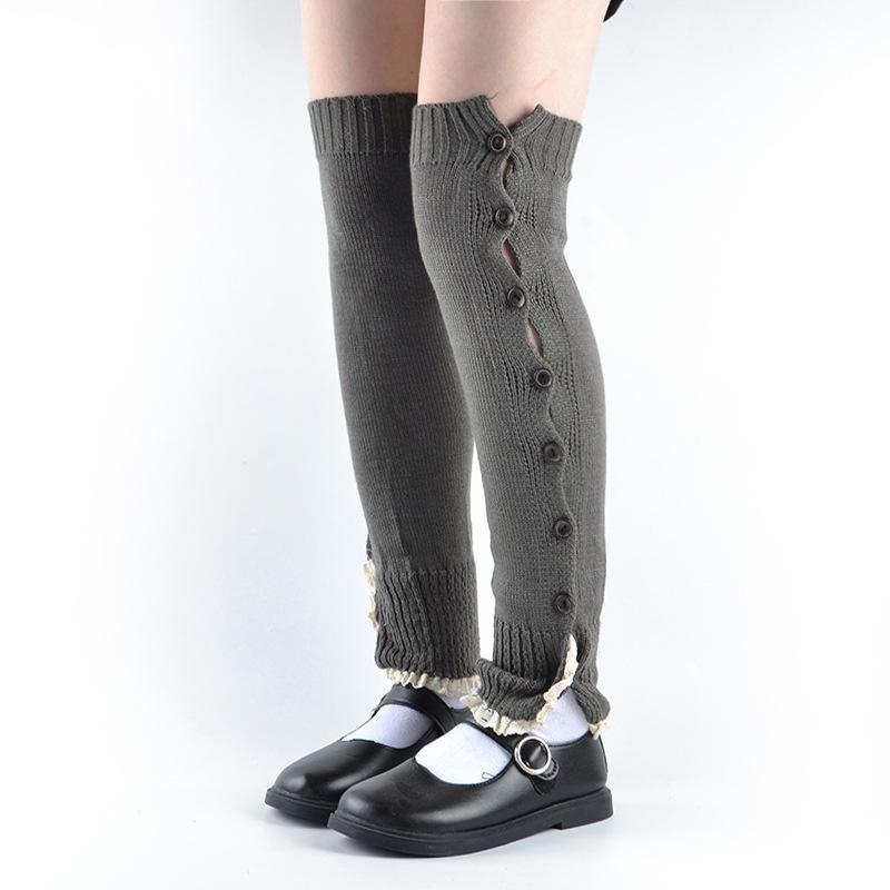 靴下 レディース ニット レッグウォーマー 学生風 暖かい 花柄レース ボタン付き 高筒 ニーハイソックス 白 水色 緑