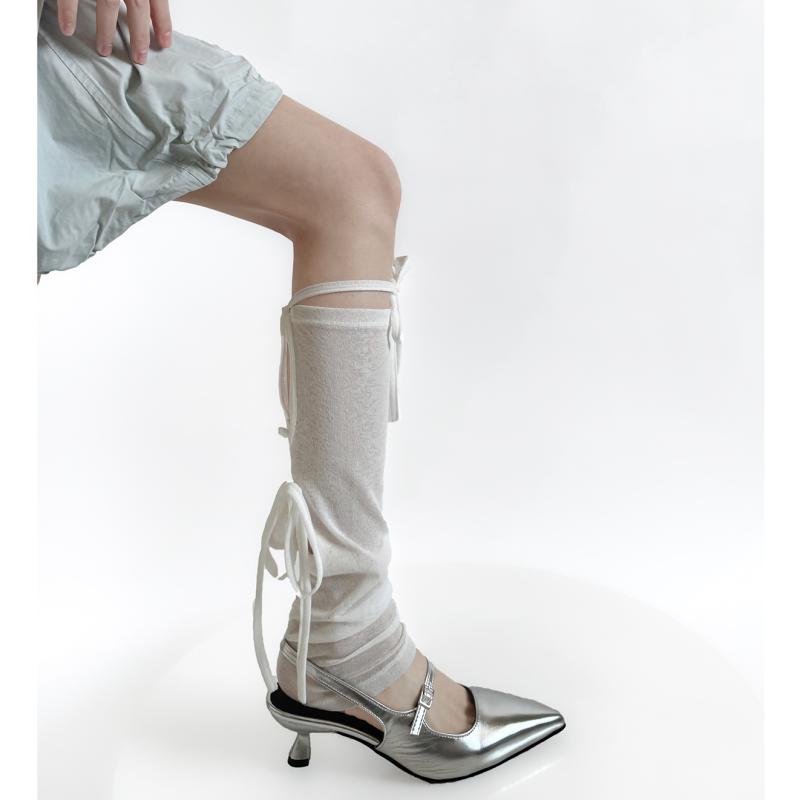 靴下 レディース ソックス バレエ風 レースアップ 镂空デザイン y2k 美脚効果 無地 コットン混紡 膝下丈 春夏 秋冬 ホワイト ブルー グレー