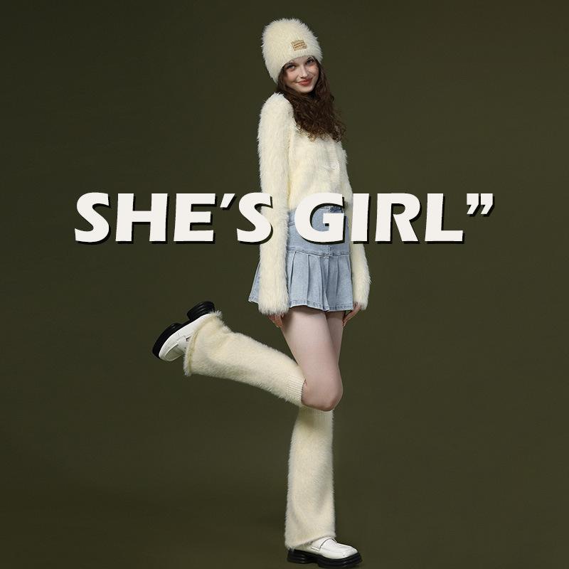 靴下 レディース ニット レッグウォーマー ミドル丈 ニーハイソックス 暖かい 防寒 ナイロン 無地 秋冬 ベージュ ホワイト ブラック