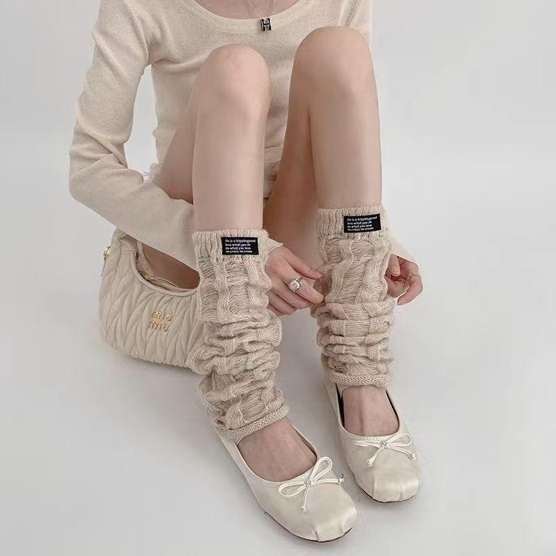 レッグウォーマー レディース 韓国風 トレンド ダメージ加工 マフラー 冷え対策 暖かい 無地 靴下 ソックス ミドル丈 秋冬 黒 白 グレー ブラウン