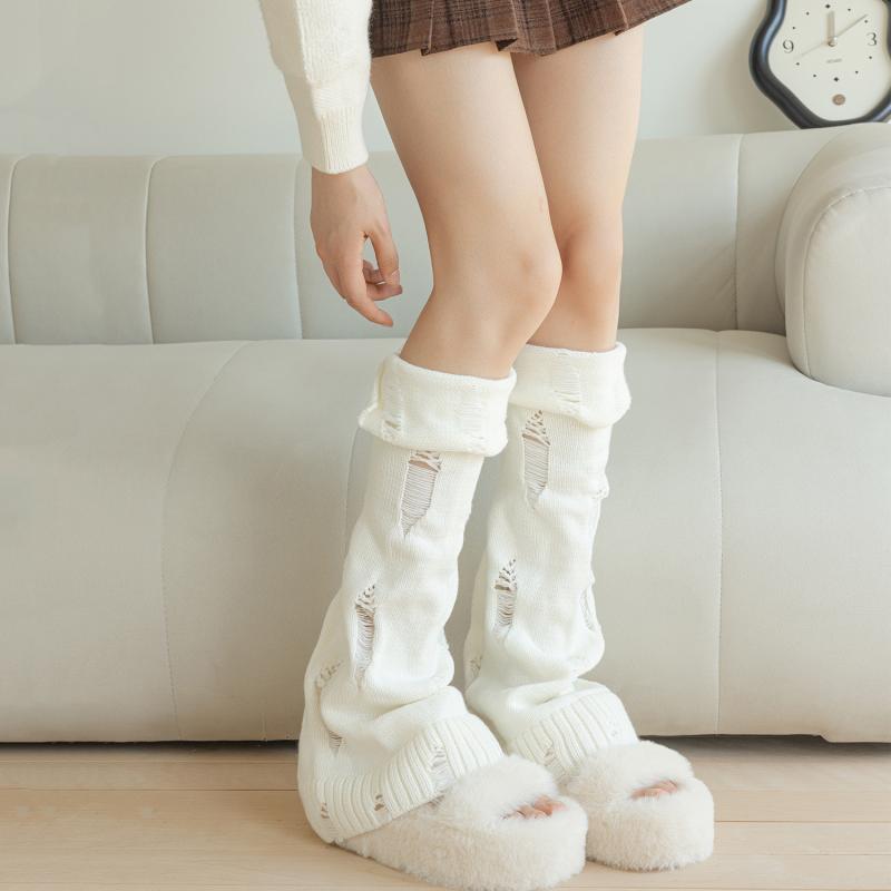 靴下 レディース ソックス ニーハイソックス ニット アクリル 通気性 吸汗性 無地 スリット入り ルーズソックス レッグウォーマー 白 黒 灰色 秋冬