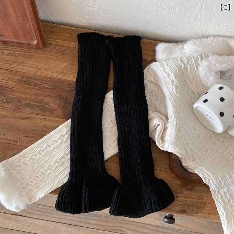 靴下 レディース バレエ風 レース フリル ニット レッグウォーマー ファッション 高筒 コットン混紡 秋冬 白 ホワイト ピンク ブラック 黒 グレー ブラウン