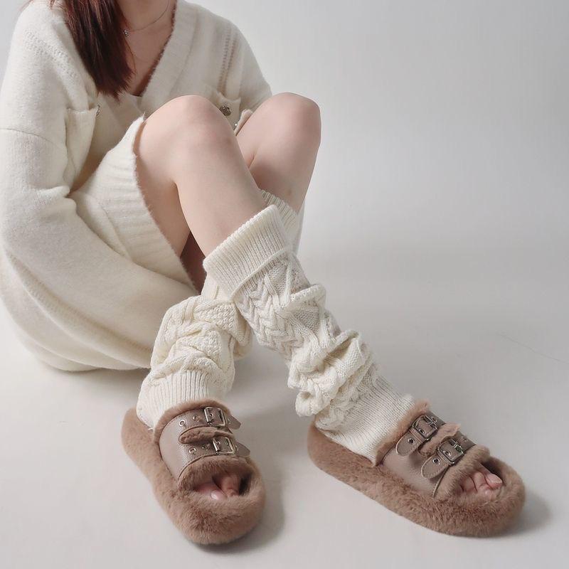 靴下 レディース レッグウォーマー 秋冬 厚手 ニット 無地 学生 中筒 アクリル 白 黒 グレー