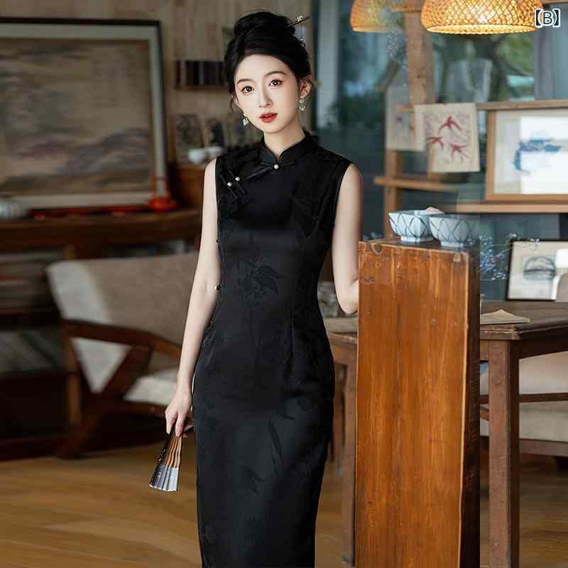 チャイナドレス レディース 赤色 ノースリーブ ロング丈 2025年 春 スリット入り ポリエステル 提花 復古 モダンスタイル スリムフィット エレガント S M L XL XXL XXXL