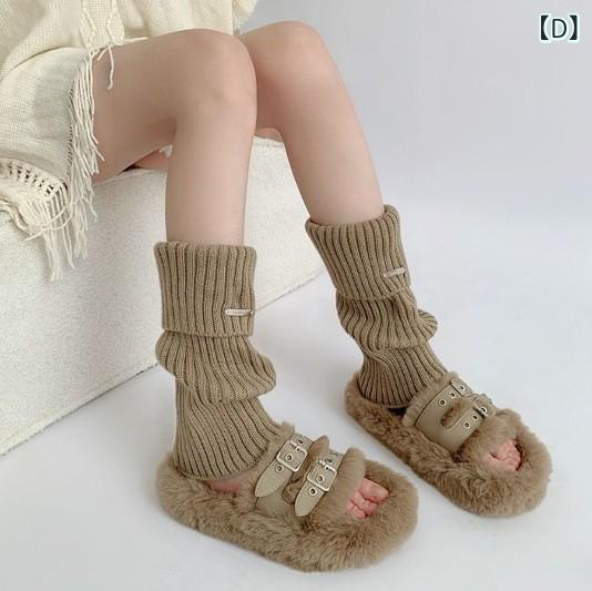 靴下 レディース 秋冬 リブ編み ニーハイソックス アクリル 中筒 厚手 ボーダー柄 美脚 ルーズソックス かわいい 冷え対策 あったか