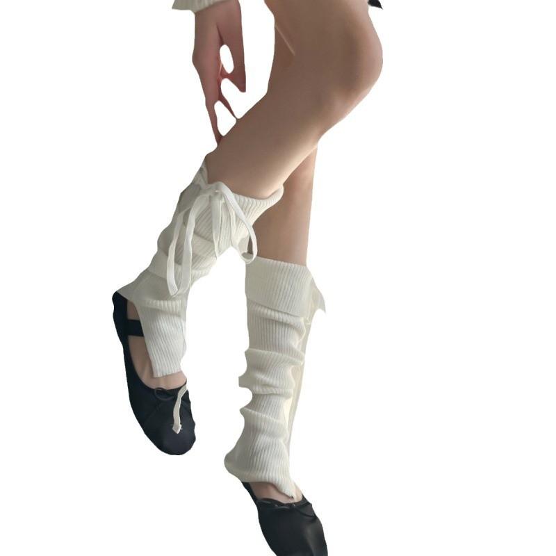 靴下 レディース バレエ風 ニーハイソックス 無地 ソックス 韓国風 かわいい 飾り紐 リボン スリット入り レッグウォーマー アクリル素材 春夏秋冬 オールシーズン