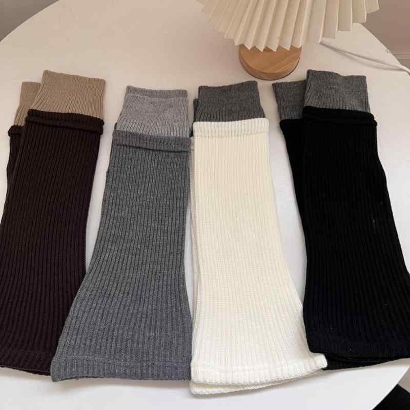 靴下 レディース ソックス 拼色 ニット 粗編み ハイソックス レッグウォーマー 秋冬 ブラック ホワイト グレー ブラウン カーキ アクリル