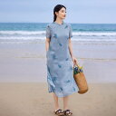 ワンピース レディース 半袖 刺繡 羽毛 リネン チャイナドレス スタンドカラー スリット入り ロング丈 晴山ブルー 文芸風 レトロ