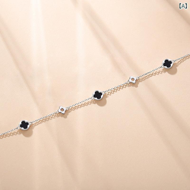 ブレスレット レディース シルバー 四つ葉 クローバー 韓国風 バングル シンプル 冷淡 手飾り 白金 ローズゴールド レッドストーン ブラックストーン