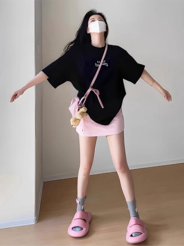 Tシャツ レディース 半袖 コットン かわいい 韓国風 カジュアル トップス カットソー プリント ゆったり 春夏 ブラック ホワイト グレー