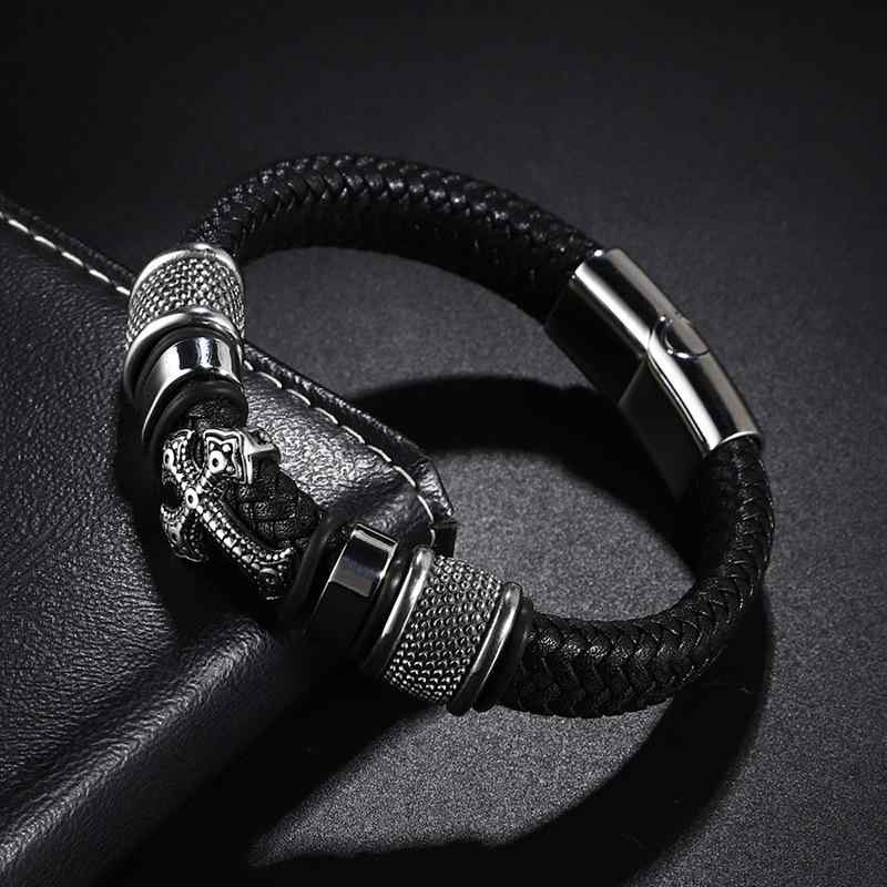 ブレスレット メンズ 男性用 チタン鋼 クロス 十字架 レザー 革 編み込み マグネット 磁石 留め具 腕輪..