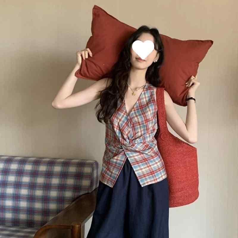 セットアップ レディース Vネック ノースリーブ トップス ワイドレッグパンツ 格子柄 切り替え 普段使い リラックス 春夏