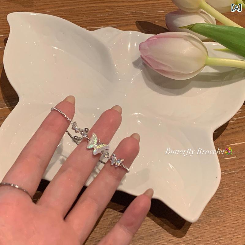 ブレスレット レディース 蝶 バタフライ チタン鋼製 シルバーカラー 韓国風 フェミニン 手作り風 ハン..